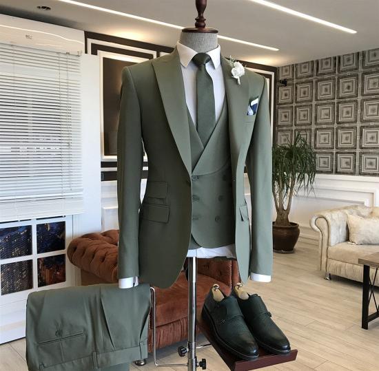 Happnessmall Dark Green 3-Pieces Peaked Lapel One Button Business Suits_2