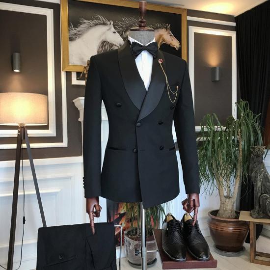 Glamorous Black Double Breasted Slim Fit Tailored Men Suit With Shawl Lapel | happnessmall_3