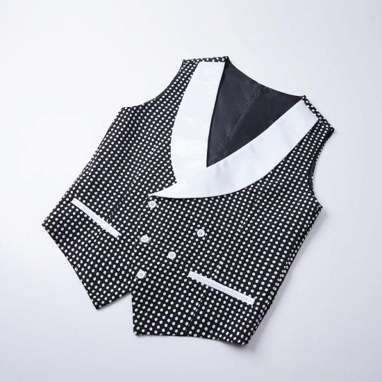 Unique black polka dot single button wedding groom set with shawl and lapel_3