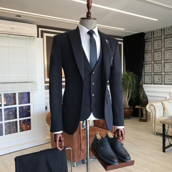 Phoenix Simple 3-Pieces Black Peaked Lapel Formal Business Men Suits_2