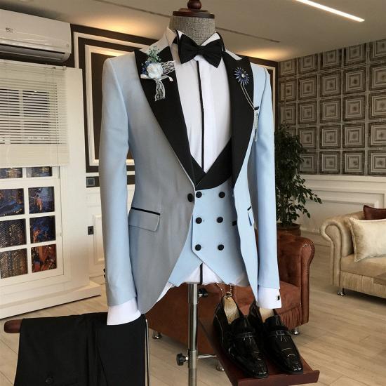Elegant Shape Sky Blue 3-Pieces Black Peaked Lapel Slim Fit Prom Men Suits_2