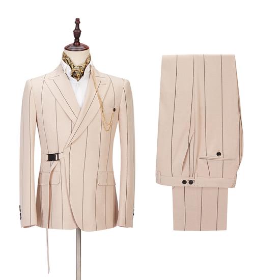 Modern Light Champagne Fashion Striped Peaked Lapel Prom Men Suits_2