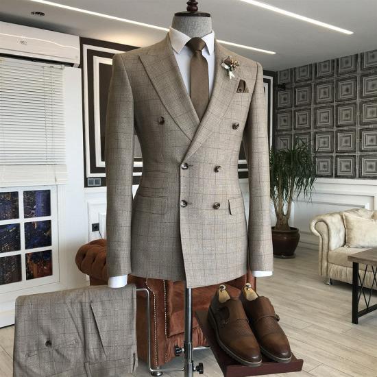 Marina Newest Brown Plaid Double Breasted Peaked Lapel Slim fit Business Suits For Men_2