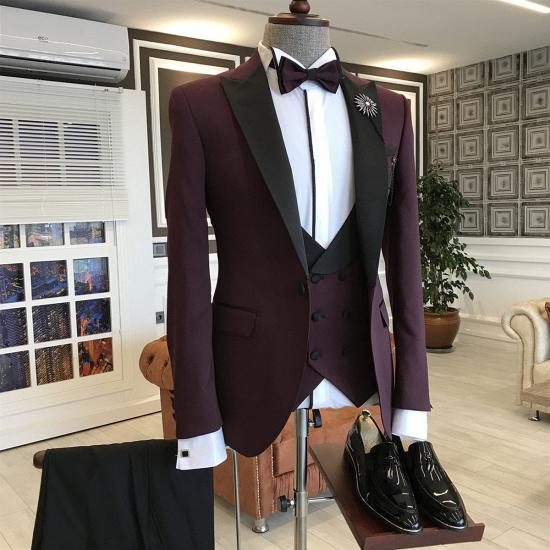 Atlas Burgundy 3-Pieces Black Peaked Lapel Double Breasted Men Suits_2