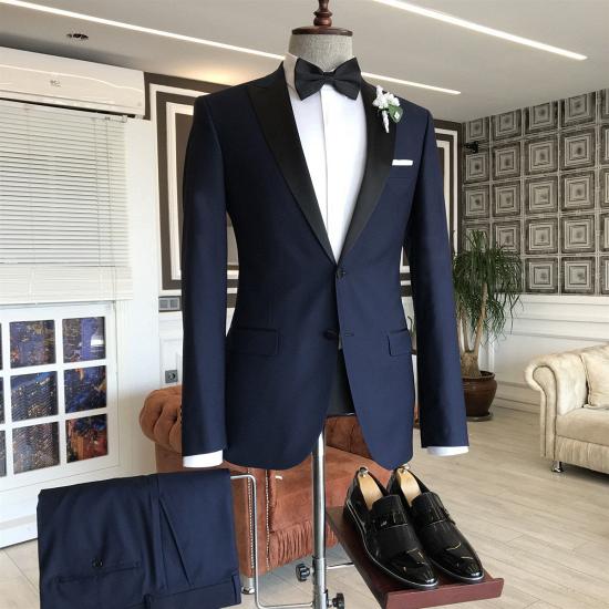 Gabriel Modern Dark Blue Single Breasted Peaked Lapel Slim Fit Men Suits_2