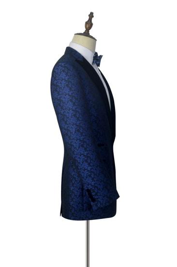 Happnessmall Blue Floral Patter  Black Velvet Peak Collar Suits for Wedding and Prom_4