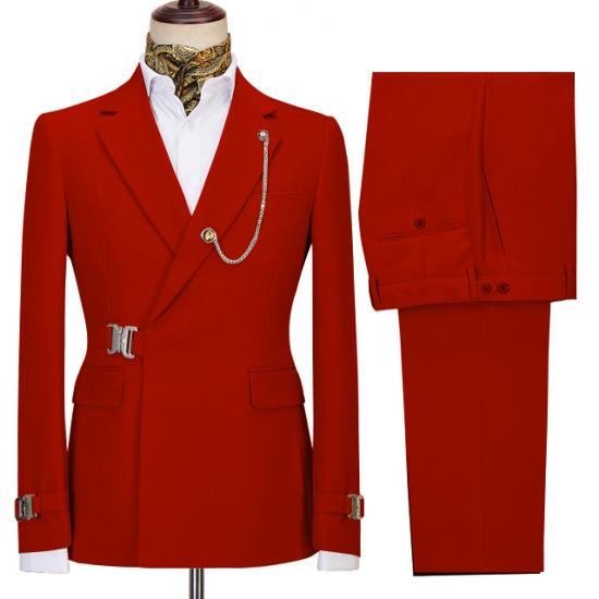Classical Red Notched Lapel Two Pieces Men Suit For Business with Buckle_2