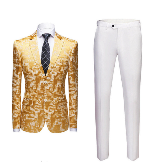 Eamon Chic Bright Gold Printed Notched Lapel Men's Suits for Prom_2