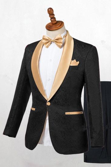 Matthew Handsome Black One Button Slim Fit Wedding Men Suits with Gold Lapel_1