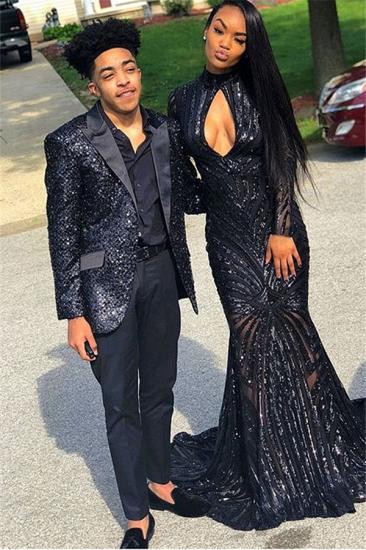Thaddeus Black Sequins Peak Lapel Two Piece Prom Men Suit_1