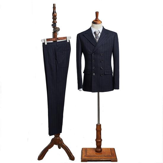 Isabella Classical All Black Striped Double Breasted Tailored Business Suit_2