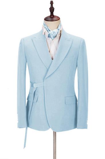 Unique Bespoke Sky Blue Peaked Lapel Men Suits with Adjustable Buckle