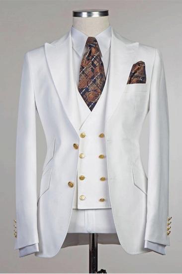 Gentle White Peaked Lapel Slim Fit Wedding Groom Suit_1
