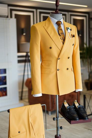 Dimitris Popular Yellow Peaked Lapel Double Breasted Tailored Prom Suits_1