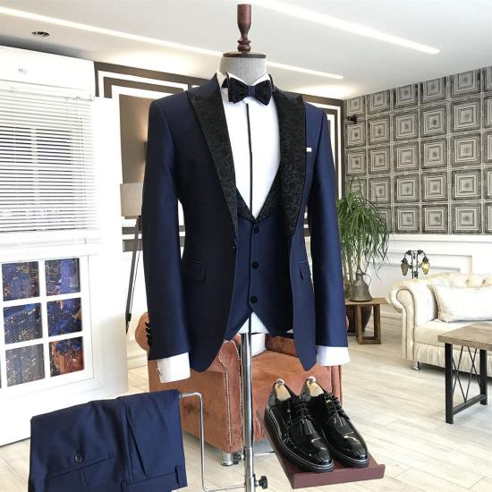 Advanced Navy Blue 3-Pieces Black Jacquard Peaked Lapel Business Suits For Men_2
