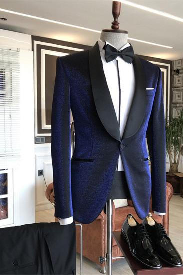 Magnus  Special Design Navy Blue Shawl Lapel Wedding Suits with Black Lapel_1