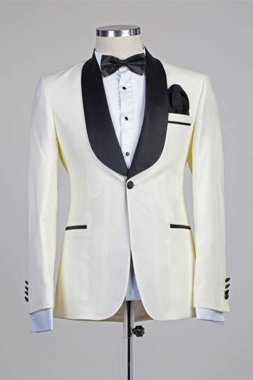Advanced Ivory One Button Simple Slim Fit Wedding Suits with Black Lapel_1