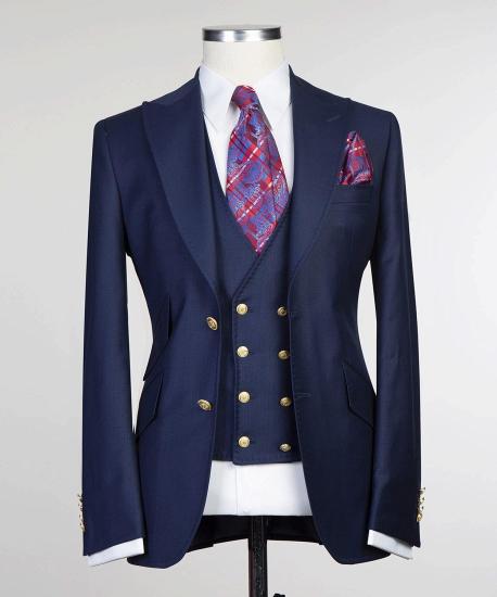 Sterling Chic Dark Navy Three Pieces Men Suits With Peaked Lapel_5