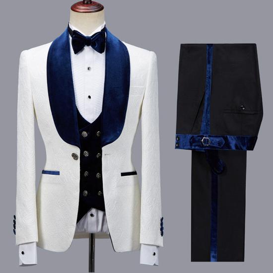 Prokopiou White Chic Jacquard Three Pieces Wedding Suit With Velvet Lapel_3