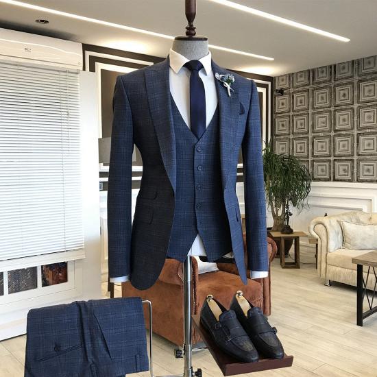 Thomas Elegant Blue Small Plaid  3-Pieces Peaked Lapel Formal Business Suits_2