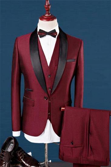 Finn Wine Red Shawl Lapel Wedding Tuxedos | 3 Pieces Prom Men Suits