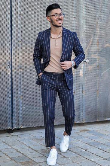 Ronan Stylish Dark Nay Striped Slim fit Peaked Lapel Men Suit