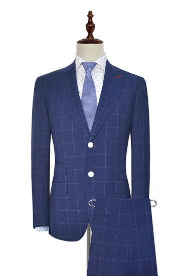 Happ Navy Blue Two Buttons Check Pattern Peak Lapel Business Suits for Men_2