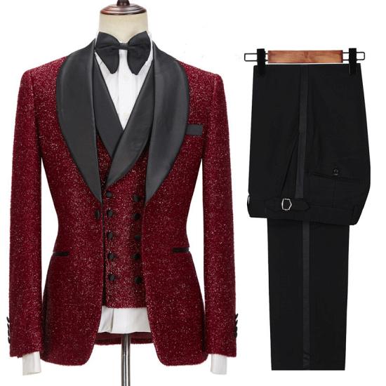 Glamorous Sparkle Red Three Pieces Wedding Suits with Black Shawl Lapel_3