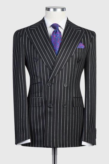 Sophia Modern Black Double Breasted Stripe Peaked Lapel Business Men Suits_1