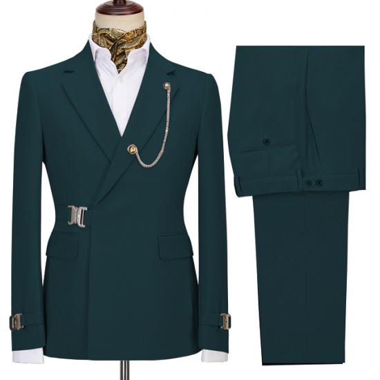 Popular Dark Green Two Pieces Notched Lapel Business Men Suits with Buckle_2