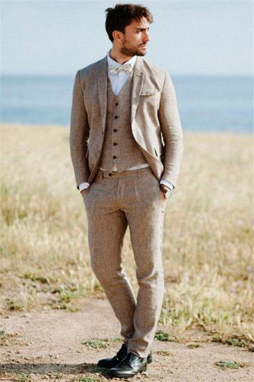 Khaki summer beach linen men's classic suit | comfortable groom's wedding tailcoat 3-piece set_2