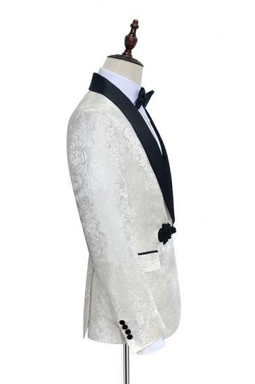 Gorgeous Knitted Button Black Shawl Lapel Three Piece White Jacquard Wedding Tuxedo for Men_2