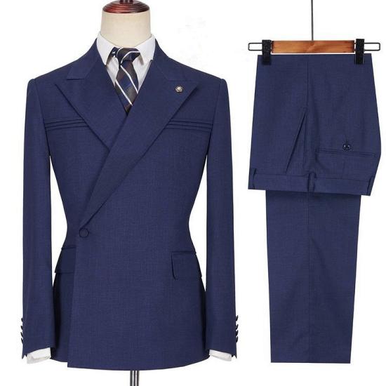 Modern Dark Navy Bespoke Peaked Lapel Ruffles Men Suits With One Side Button_3