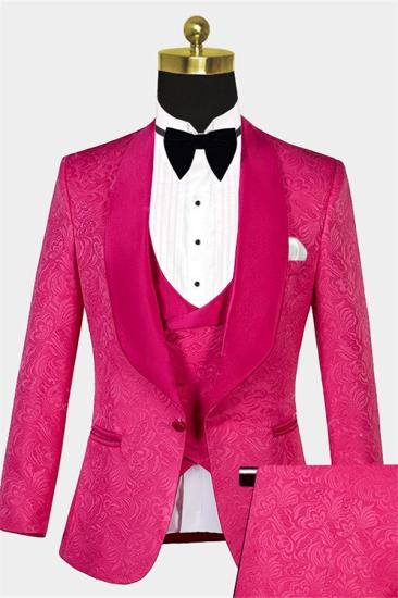 Chic Floral Pink Jacquard Corduroy Slim Fit Prom Suits with One Button