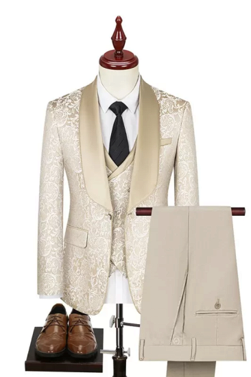 Champagne Jacquard Shawl Lapel Three Pieces Prom Suits | Happnessmall