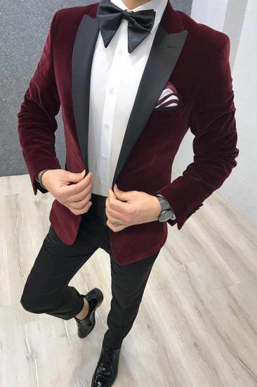 Modern Burgundy Velvet 2 Piece Wedding Suits | Black Satin Peak Lapel Wedding Tuxedos_1