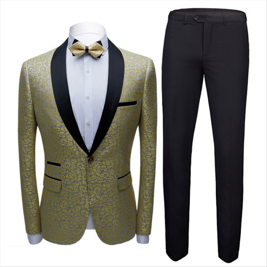 Gold Jacquard Men's Wedding Tuxedos | Special Design Black Satin Shawl Lapel Prom Suits_3