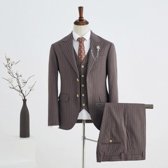 Aurora Modern Coffee Striped Peaked Lapel 2 Button Business Suit For Men_2