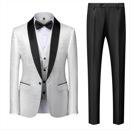 Classic white one button men's wedding tailcoat | satin shawl jacquard ball set_2