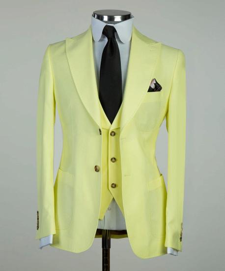Happnessmall Chic Light Yellow  Three Pieces Peaked Lapel Men Business Suits_5