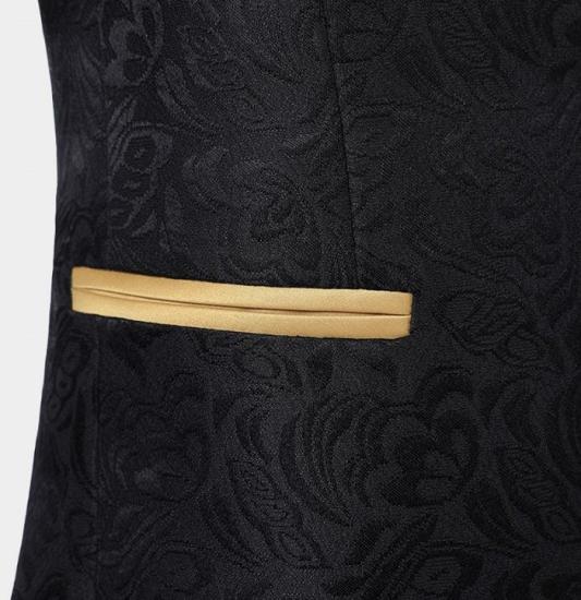 Black Two Pieces Prom Suits With golden Shawl Lapel | Jacquard Tuxedo with One Button_4