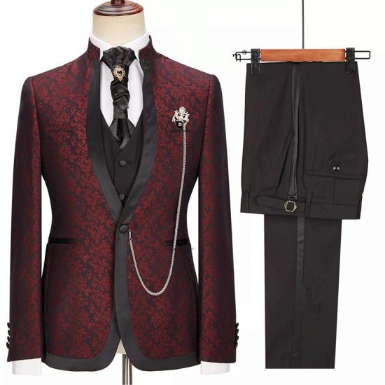 Happnessmall Burgundy Jacquard One Button 3-Pieces Wedding Suits_2