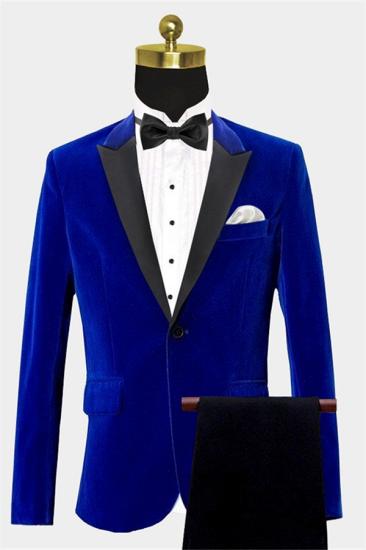Chic Royal Blue Peak Lapel Men Suits | Classic Velvet Best Prom Tuxedo