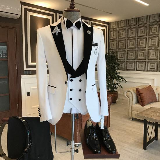 Ava Stylish White Mixed Black Peaked Lapel One Button Slim Fit Prom Men Suit_2