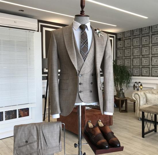 Happnessmall Popular Light Coffee Plaid Double Breasted Waistcoat Business Suits For Men_2