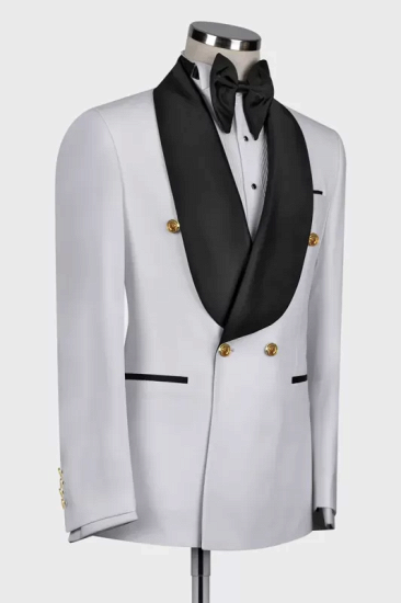 Mercer Stylish White Double Breasted Wedding Suits With Blcak Shawl Lapel_2