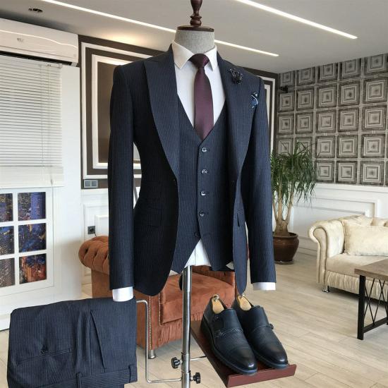 Zane Elegant Navy Blue Velvet 3-Pieces Peaked Lapel Business Men Suits_2