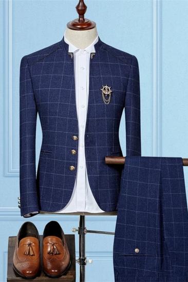 Aria Stylish Dark Navy Best Fitted Two Pieces Plaid Prom Men Suits
