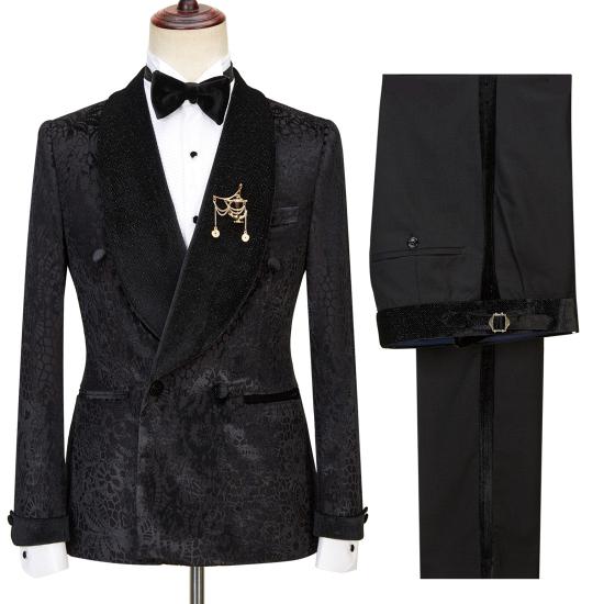Popular Black Shawl Lapel Double Breasted printed  Men'S Wedding Suit | Happnessmall_2