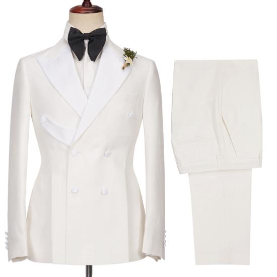 Unique white two-piece set with collar and double breasted men's wedding suit_2